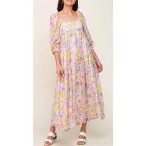 STORIA $88‎ Ivory Floral Shimmer Chiffon Square Neck Maxi Dress Medium